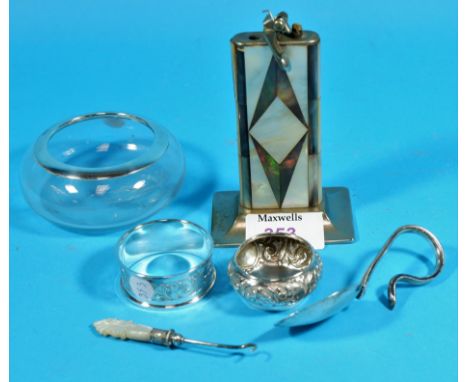 A hallmarked silver small salt; a silver napkin ring; baby spoon; silver rim salt; an unusual mother-of-pearl Art Deco table 