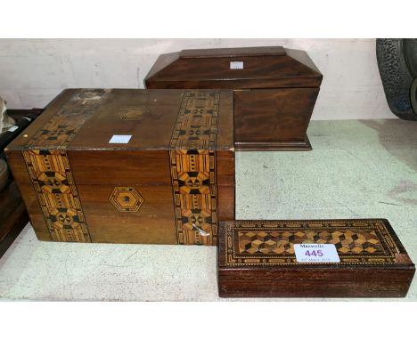 A Tunbridgeware box with cube inlay, 6.75"; a Georgian mahogany tea caddy; another inlaid box 