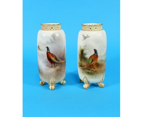 An early 20th century Royal Worcester pair of near matching vases of cylindrical form, with hand painted panels depicting phe