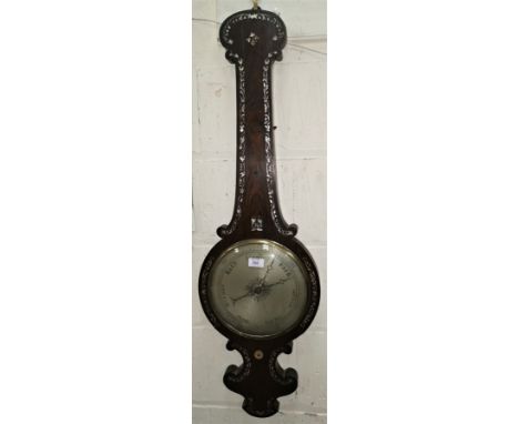 An early 19th century mercury column barometer in banjo shaped rosewood case with mother-of-pearl inlay, with level, mirror, 