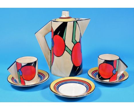 A Clarice Cliff part coffee set, "Red Picasso" pattern, comprising coffee pot, 2 cups and 3 saucers, black printed Fantasque 