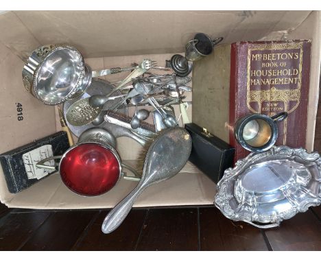 A silver back hand mirror, brush and comb; a selection of silver plate and cutlery; a WMF style sugar bowl; a copy of Mrs Bee