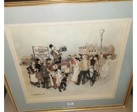 Margaret Chapman:  "The Gas Iron Seller", signed print, framed and glazed; a watercolour signed 'Moir', framed and glazed; a 