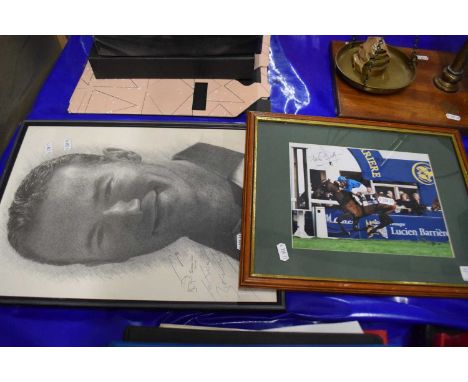 Horse racing and football interest - a coloured photographic print signed by Frankie Dettori and a Jonathan Wood monochrome p