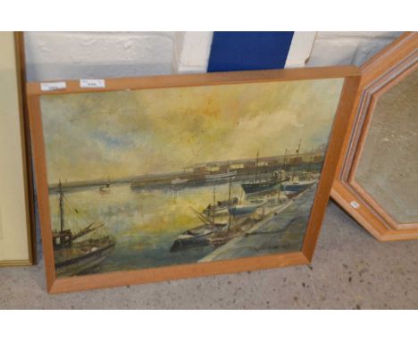 Oil on board, busy harbour scene with boats, signed M J Whaley,