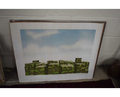 Achilleas Droungas, City under Seige, coloured print, framed but lacking glass