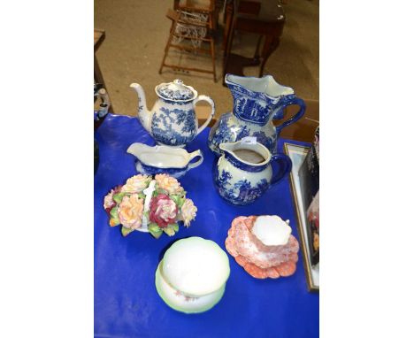 Mixed Lot: reproduction blue and white jugs, a Wileman trio, porcelain flowers etc