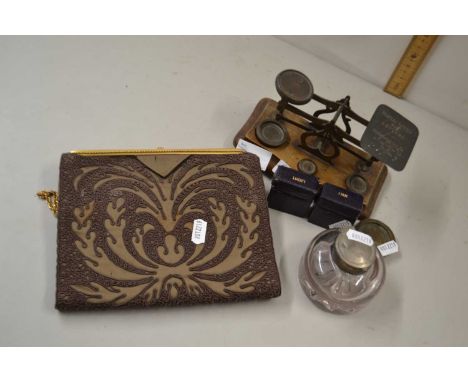 Vintage postal scales with weights together with vintage ink wells and a small clutch bag