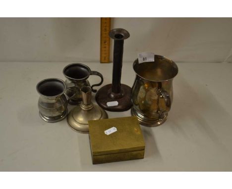 Mixed Lot: silver plated tankard, candlesticks, small pewter measures etc