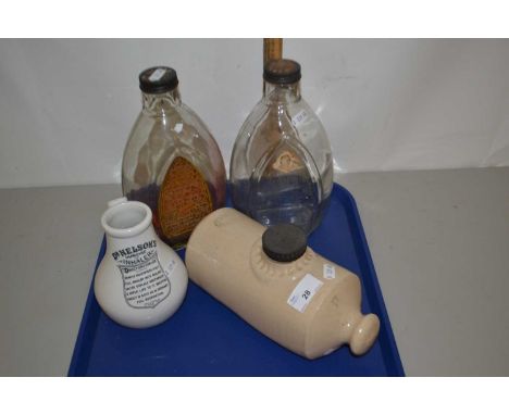 Dr Nelson's improved inhaler, a stoneware hot water bottle, two vintage Swan ink bottles