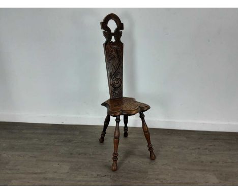 OAK SPINNING CHAIR, STOOL AND WOOLWORK PANEL  the spinning chair with carved decorationSpinning chair is badly damaged at the