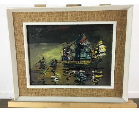 DAN WAN, THREE JUNKS oil on panelmounted and framedoverall size 44cm x 54cm 