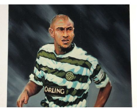 HENRIK LARSSON OF CELTIC F.C., PRINT AFTER ROBERT MILLER ALONG WITH A 'THE BHOYS' CELTIC POSTER the second framed and under g