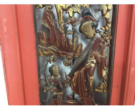 TWO CHINESE PANELS, 20TH CENTURY one depicting a central figural scene, the other panel with a central mirror surrounded by a