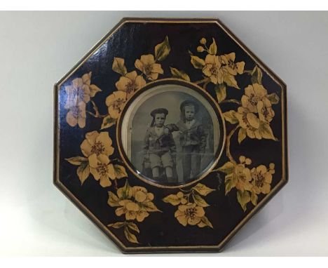 EDWARDIAN PHOTOGRAPH FRAME, ALONG WITH A CADDY AND THREE BOXES the octagonal frame with circular photo aperture within floral