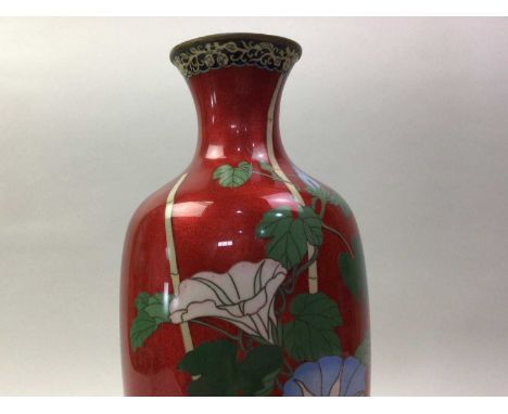 CHINESE CLOISONNE VASE LATE 19TH/EARLY 20TH CENTURY  with floral decoration on a red ground, three character signature to sil