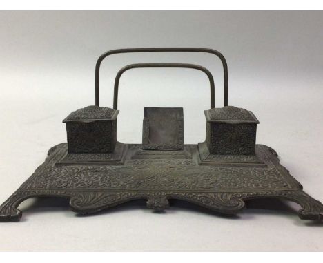 BRASS DESK INKSTAND, AND OTHER METAL WARE the inkstand cast in relief with scrolling foliate designs, along with a miniature 