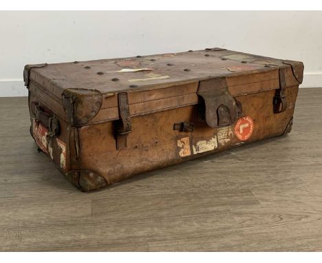 LARGE LEATHER TRUNK AND THREE FURTHER TRAVEL TRUNKS the large leather trunk with Cunard White Star labels94cm wide