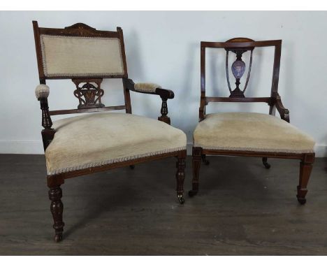 TWO EDWARDIAN ROSEWOOD INLAID PARLOUR CHAIRS on ceramic castors