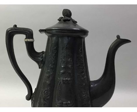 PEWTER TEA AND COFFEE SERVICE AND A PEWTER COLLARD CLARET JUG  along with another pewter tea pot and ceramic jug