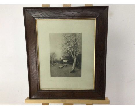 PAIR OF VICTORIAN PRINTS IN OAK FRAMES AND OTHER PICTURES including a portrait of a man and two framed panelsthe Victorian pa