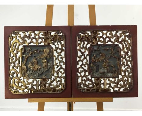 GROUP OF SIX CHINESE FIGURAL PANELS, 20TH CENTURY each depicting figures in outside settings, two panels with fretwork border