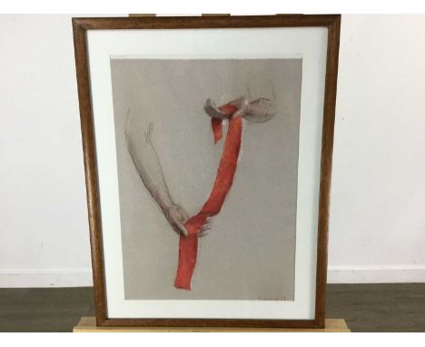 CONTEMPORARY SCOTTISH SCHOOL, RED RIBBON mixed media work, signed indistinctly,mounted, framed and under glass Note from vend