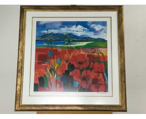 SCOTTISH SCHOOL, RED POPPIES, ARRAN IN THE DISTANCE colour print, signed, titled and numbered in pencilmounted, framed and un