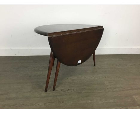 ERCOL DROP LEAF TEA TABLE, LATE 20TH CENTURY  the circular top with a hinged leaf and on tapered spindle supports61cm diamete