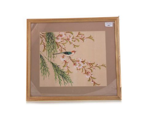CHINESE SILK PANEL, EARLY 20TH CENTURY depicting a bird sat on a branch amongst blossom and leavesframed and under glass41cm 
