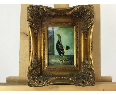 VICTORIAN STYLE GILT FRAMED PANEL, ALONG WITH A BELL'S PROMOTIONAL MIRROR the panel depicting a farmyard birdthe mirror 32cm 