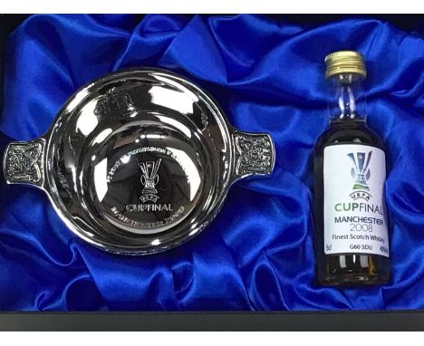 2008 UEFA CUP FINAL, WHISKY MINIATURE SET AND PROGRAMME the set in box with quaich, ticket and hospitality pass, the final Ra