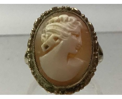 NINE CARAT GOLD CAMEO RING ALONG WITH FURTHER JEWELLERY including a gold dress ring, a pair of cameo earrings and another