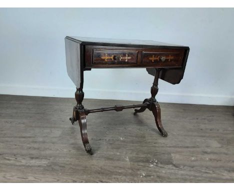 REPRODUCTION MAHOGANY SOFA TABLE AND OTHER ITEMS the sofa table with brass inlay, along with an occassional table, a smokers 