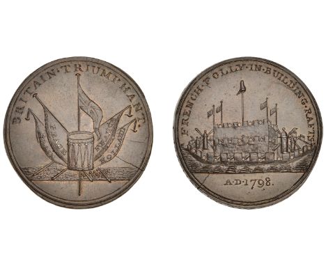 18th Century Tokens, HAMPSHIRE, Gosport, Thomas Wood, Jacobs’ mule Penny, 1798, flags and drum, rev. floating raft, french fo