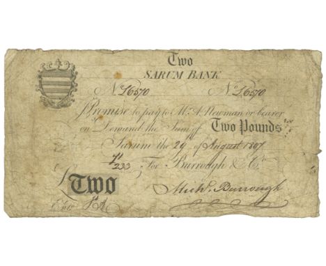 Paper Money, Salisbury, Sarum Bank, Two Pounds, 29 August 1807, no. 6570, for Burrough & Co, signed by Michael Burrough, vign