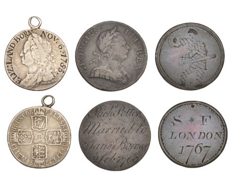 Miscellaneous Tokens and Checks, Engraved tokens (3), a George II Shilling, 1758, obv. legend planed off and engraved (Eliz: 