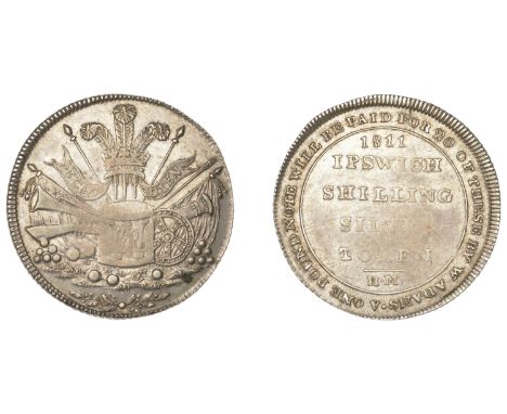 Suffolk, Ipswich, William Adams, ‘Morgan’s’ Shilling, 1811, Prince of Wales’ feathers above standards and military accoutreme