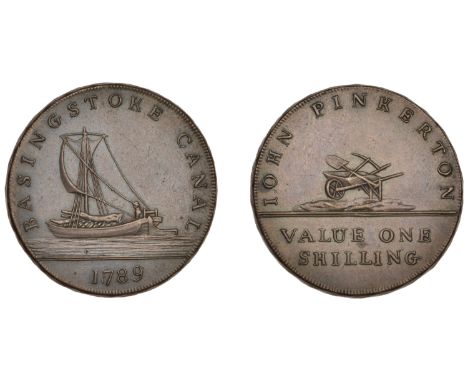 18th Century Tokens, HAMPSHIRE, Basingstoke, John Pinkerton, Mynd’s Shilling, 1789 [7 over 8], barge, rev. wheelbarrow and to