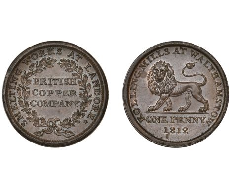 19th Century Tokens, GLAMORGANSHIRE, Landore, British Copper Co, Penny, 1812, legend in and around wreath, rev. lion walking 
