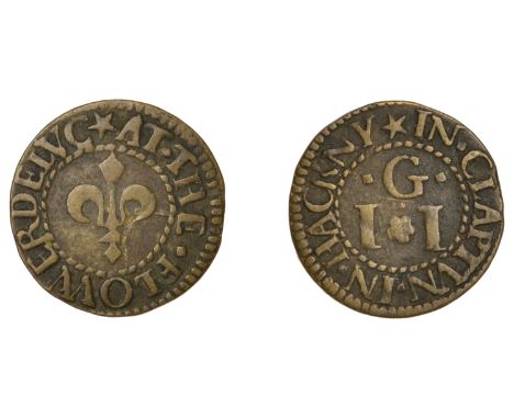 Middlesex (Rural), Clapton, I.I.G. at the flowerdelvc, Farthing, 1.02g/6h (N 9116, this piece cited; BW. 38). Good fine and r