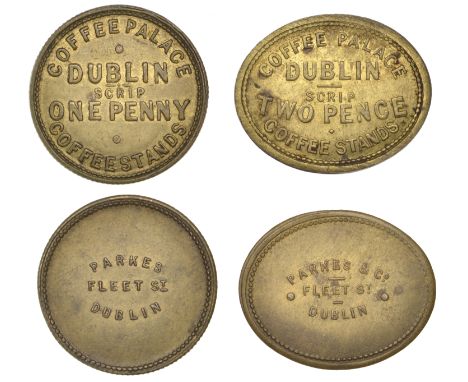 Miscellaneous Tokens and Checks, Co DUBLIN, Dublin, Coffee Palace, Coffee Stands, oval brass Twopence, brass Penny, both by P