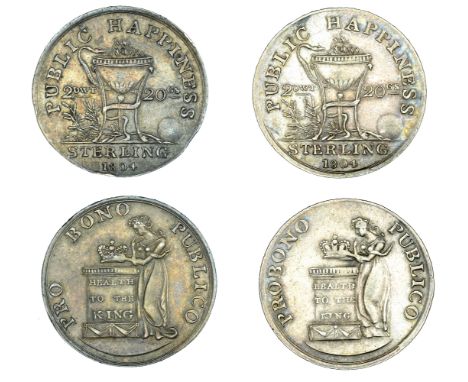 Co Dublin, Dublin, ‘Pro Bono’ ‘Shillings’, 1804 (2), 4.75g/12h (D 8), 4.50g/12h (D 9) [2]. Second very fine and toned, first 