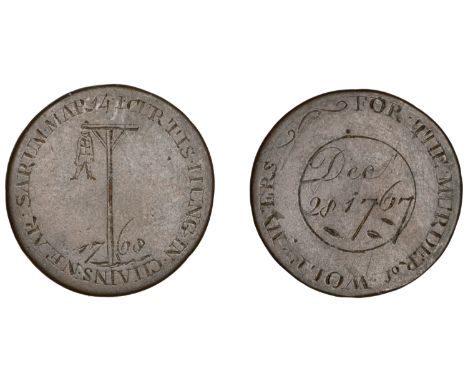 Historical Medals, A Halfpenny-sized blank, planed flat and engraved with a man hanging from a gibbet, i curtis hung in chain