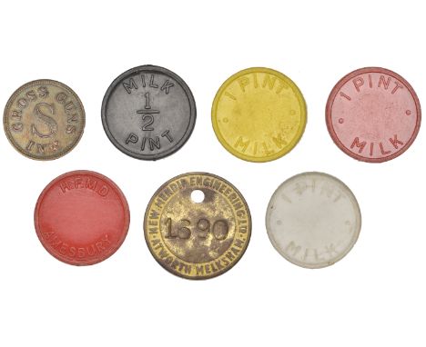 Miscellaneous Tokens and Checks, Amesbury, H[ome] F[arm] M[odel] D[airies], celluloid 1 Pint Milk (4: red [2], white and yell