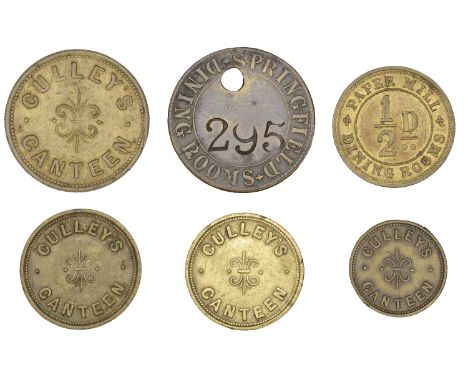 Miscellaneous Tokens and Checks, Co ANTRIM, Belfast, Culley’s Canteen, brass Sixpence, Twopences (2, thick and thin flans), P