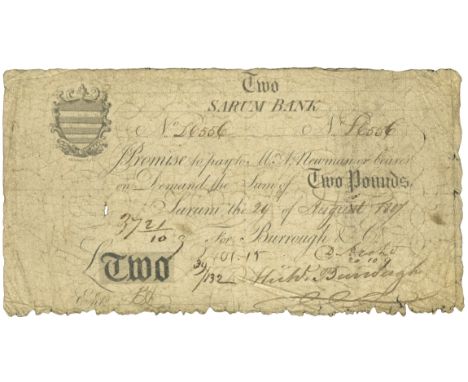 Paper Money, Salisbury, Sarum Bank, Two Pounds, 29 August 1807, no. 6556, for Burrough & Co, signed by Michael Burrough, vign