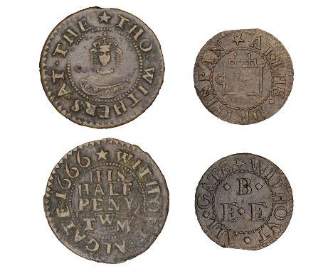 London (City), Aldgate Without, E.E.B. at the dripin pan, Farthing, 1.00g/6h (N 6490; D 84A); Tho. Withers, Halfpenny, 1666, 
