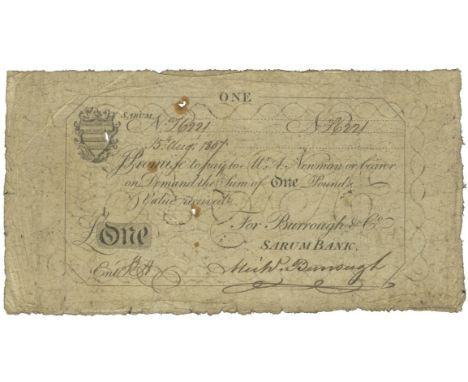 Paper Money, Salisbury, Sarum Bank, One Pound, 15 August 1807, no. 6221, for Burrough & Co, signed by Michael Burrough, vigne