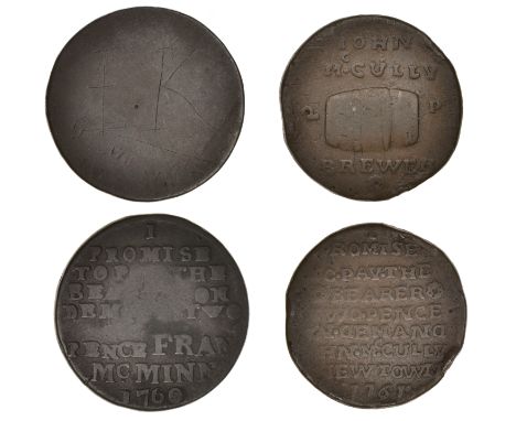 18th Century Tokens, Co DOWN, Donaghadee, Fran McMinn, uniface Twopence, 1760, legend in 8 lines, 7.73g (D 65); Newtownards, 